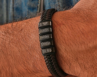 Personalized Mens Bracelet, Handmade Leather Beaded Jewelry With