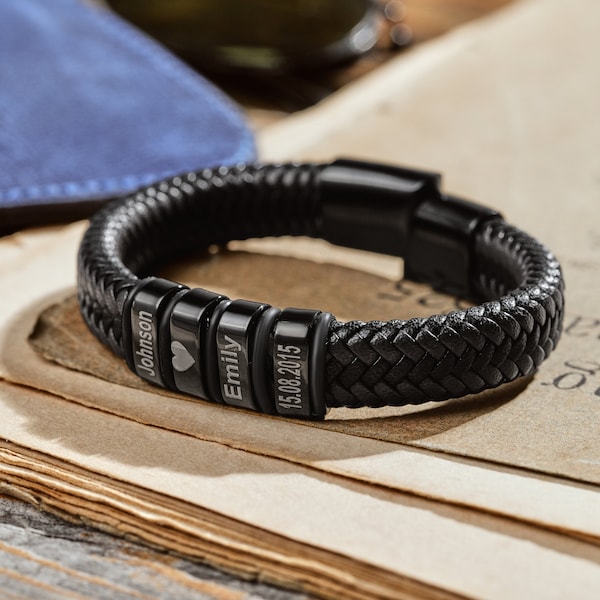 Personalized Mens Woven Leather Bracelet, Custom Couple Bracelet, Custom Dad Bracelet, Christmas Father's Day Gift for Dad Boyfriend Husband