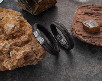 Mens Leather Bracelet Personalized Gift for Boyfriend - Christmas Gift for Him - Hidden Secret Message Bracelet for Man Engraved Custom Gift