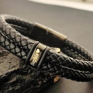 Personalized Name Custom Beaded Bracelet, Mens Leather Bracelet for Husband Boyfriend Dad,Engraved Bracelet For Him,Fathers Day Gift for Him
