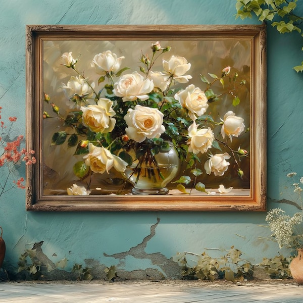 White Roses in a Vase, Oil Painting, Vintage