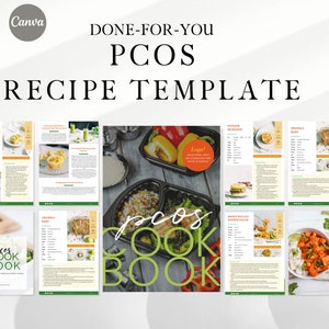 Può includere: Un modello di ricettario per la PCOS (Sindrome dell'ovaio policistico) con il titolo "PCOS Cookbook" e il testo "25 ricette sane e deliziose per la PCOS". Il modello include immagini di vari piatti, come un'insalata con patate dolci, una ciotola di riso con verdure e una barretta di granola.