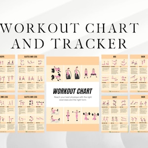 Puede incluir: Un gráfico de entrenamiento y seguimiento con ilustraciones de diferentes ejercicios para bíceps, glúteos y piernas, abdominales, pecho y espalda. El gráfico incluye el texto "Workout Chart" y "Reach your best physique with the right exercises and the right form."