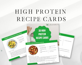 High Protein Recipe Cards, Nutritious Meal Ideas, Protein Packed Dietary Dishes, Easy Meal Cooking Instructions, Healthy Eating Inspiration