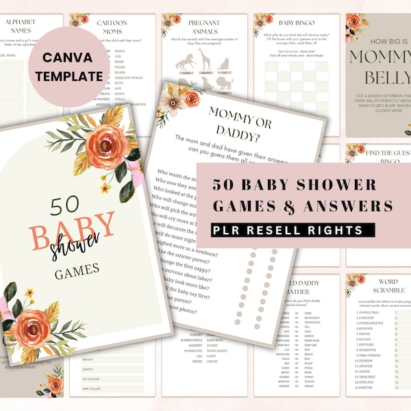 50 PLR BABY SHOWER Games, Baby Shower Games Bundle to Resell, Canva Template, Plr Digital Products, Baby Shower Bundle, Plr Party Invites