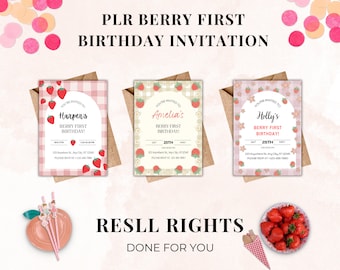 PLR Berry First Birthday Invitations, Birthday Party Invitation plr, PLR Canva Invitations, PLR Party Invitations, Invitations To Resell