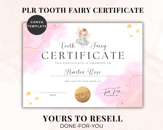 PLR Tooth Fairy Certificate, resell as your own, PLR Printables, Childrens PLR, Done for you printbles, plr certificate template, plr canva