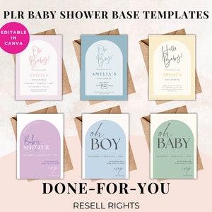 May include: Six editable baby shower invitation templates in Canva. The templates feature a modern arch design with different color backgrounds and text that says "Oh Baby!" and "Hello Baby!"