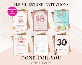 PLR Milestone Birthday Invitations, Birthday Party Invitation PLR, PLR Canva Invitations, Plr Party Invitations, Invitations To Resell