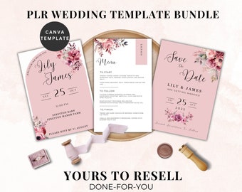 PLRウェディングテンプレートバンドル、結婚式招待状、日付の保存、メニュー、再販招待状、PLRウェディングステーショナリー、再販用Canvaテンプレート