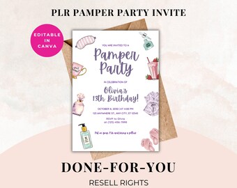 PLR Pamper Party Invitation, Resell Rights, Done For You Invitation Templates, PLR Party Invitations, Invitations To Resell, Canva