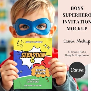 Invito di compleanno per ragazzi Mockup Canva / Mockup di invito a mano / Festa per bambini / Cornice trascina e rilascia / Tema supereroi / Modello per festa per bambini