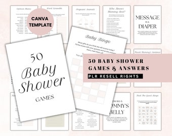 50 PLR BABY SHOWER Games, Baby Shower Games to Resell, Canva Template, Plr Activities, Baby Shower Bundle, Plr Party Invites, Plr Games
