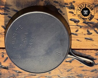 Favorite Piqua Ware #8 Cast Iron Skillet. Fully Restored Americana.