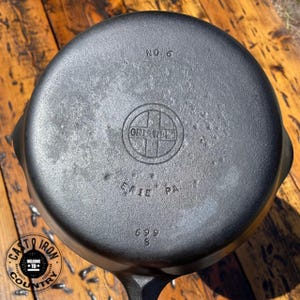 Griswold #6 Small Block Logo Cast Iron Skillet, Smooth Bottom, Early Handle, c. 1944-1949. An American Tradition.
