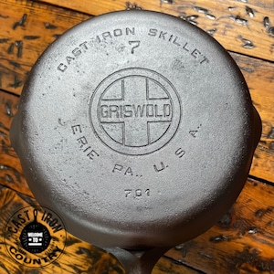 Griswold #7 Large Block Logo Cast Iron Skillet, 701, Smooth Bottom. Americana for Your Kitchen!