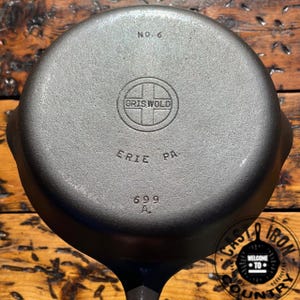 Griswold #6 Small Block Logo Cast Iron Skillet, 699A, Smooth Bottom, Early Handle, 1939-1944. Cook with Nontoxic Flair.