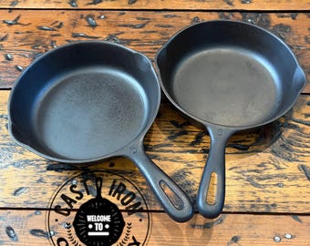 DOUBLE NICKELS! Two Wagner #5 Cast Iron Skillets, Both Unmarked 8 Inch Restored Vintage 1960s Pans. Classic Americana Cookware.