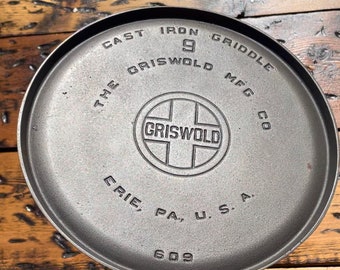 Griswold #9 Large Block Logo EPU Cast Iron Griddle, c. 1925-1940, 609. Stovetop Staple.