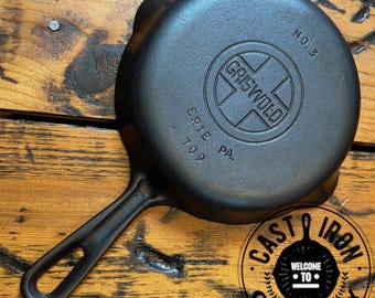 Griswold #3 Cast Iron Skillet with HTF Medium Block Logo & Grooved Handle Restored Vintage 1950s, Collector Grade Cookware