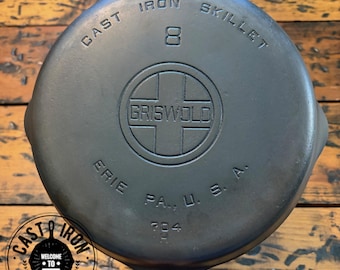 Griswold #8 Large Block Logo Cast Iron Skillet, p/n 704H, Smooth Bottom, Sits Flat, *Crack Alert