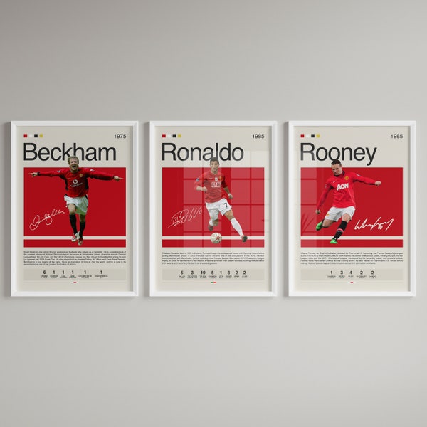 David Beckham Cristiano Ronaldo Wayne Rooney Poster Bundle, Set Of 3, Manchester United, Soccer Gifts, Football Player, Soccer Wall Art