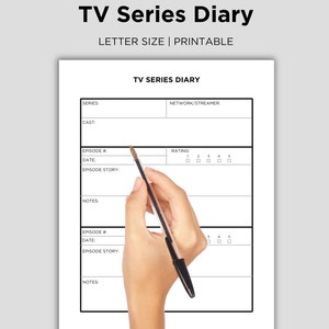 Op de afbeelding: Printbare tv-serie dagboek met secties voor serie naam, cast, netwerk, aflevering nummer, datum, aflevering verhaal, beoordeling en notities. Het dagboek is ontworpen om je te helpen je favoriete tv-series bij te houden.
