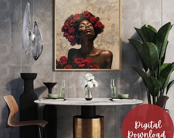 Black Queen Rose Crown Art Print: Afrocentric Woman Oil Painting (Digital Download)