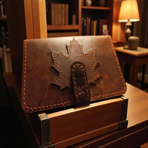 Handmade Toscano Leather Wallet: Maple Leaf Design, Phone Fit