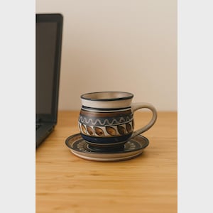 Handmade Studio Pottery Ceramic Mug Saucer Set Abstract Brown Blue Design