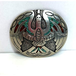 1970s Navajo Silver Overlay & Chip Inlay Oval Peyote Bird Buckle By Jimmy Nezzie