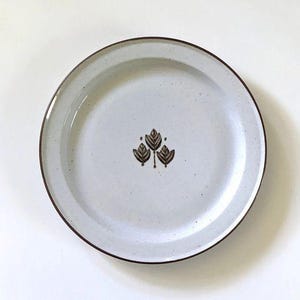 May include: A round, off-white ceramic plate with a brown rim and a brown leaf design in the center. The plate has a speckled texture and a slightly raised edge. A simple, yet elegant piece for serving food.