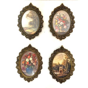 Set of Four Vintage Italian Floral Print Wall Hangings Ornate Brass Frames