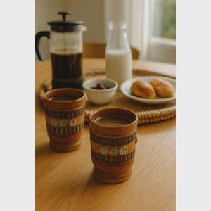 May include: A wooden table setting featuring two brown mugs filled with coffee, a French press, a bottle of milk, a small bowl of jam, and a plate with two rolls. The mugs have decorative bands with circular accents.