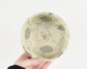 Vintage Kafu KFH9 Set of 4 Japanese Pottery Bowls Underglaze Gray Leaf Pattern