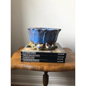 Vintage Blue Majolica Planter Two Birds & Leaf Accents 4.25&quot; H x 7.75&quot; Diameter