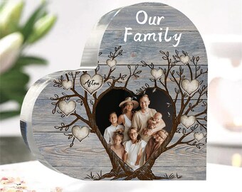 Family Name Tree Heart Acrylic Photo Keepsake Block from Daughter Son, Sentimental Gift, Mother's Day, Gift for Mummy,Gift for Grandmom