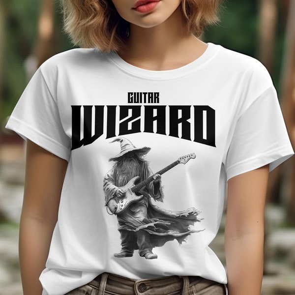 Wizard Guitarist T-Shirt, Fantasy Music Graphic Tee, Rock and Roll Magician Apparel, Cool Sorcerer Rockstar Shirt, Unique Gift Idea