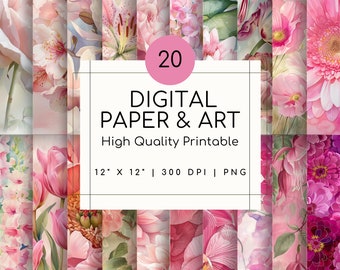 Digital Paper Sublimation Prints Flower Pattern Digital Art Prints Watercolor Flowers Wall Art Printable Paper Pink Prints Bundle PNG