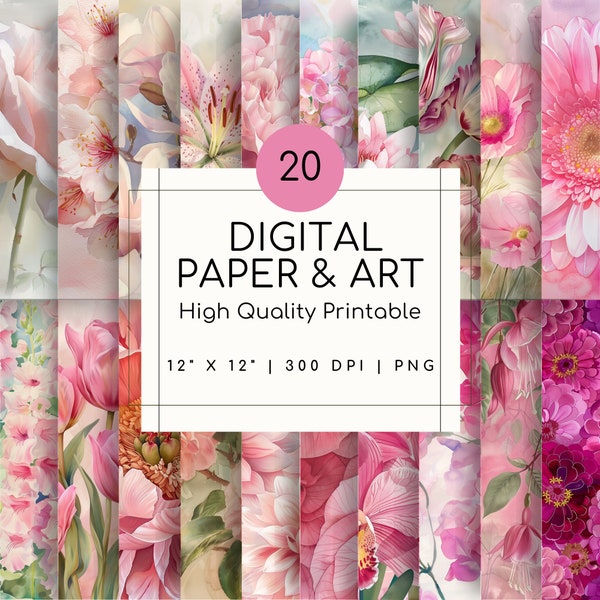 Digital Paper Sublimation Prints Flower Pattern Digital Art Prints Watercolor Flowers Wall Art Printable Paper Pink Prints Bundle PNG