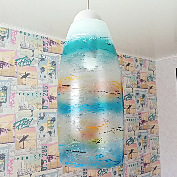 Pendant light fixture to beach house Stained glass Hand painted Sea scene Coastal lighting.