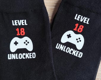 Level 18 Unlocked Socks for Men | Gamer Birthday Gift | Funny 18th Birthday Socks | Video Game Gift for Him | Novelty Socks for Him