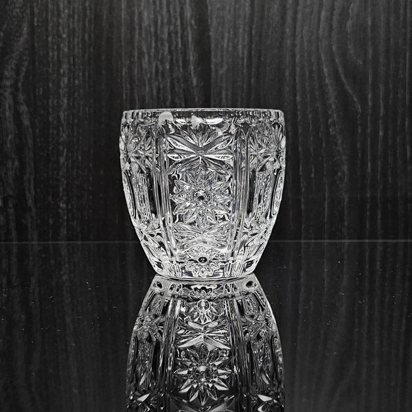 Small vintage vase in Bohemian lead crystal. Pressed crystal vase with beautiful decorations. Bohemia. 1960s.
