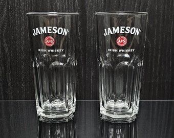 2x Jameson Irish Whiskey glass / tumbler with white and red inscription. John Jameson & son logo. Jameson brand.