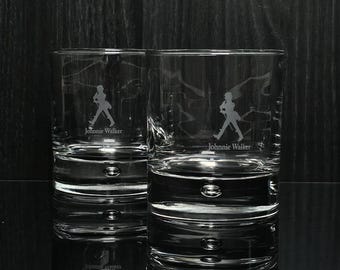 2x vintage Johnnie Walker whiskey glass. Engraved with a walking man and logo. Round glass, whiskey glasses, cocktail glasses.