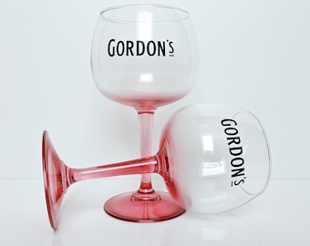 2x Gordon's London dry gin glass. Gin and tonic. Balloon glass. Cocktail glass. English gin. Beautifully decorated with a logo and pink stem