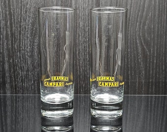 2x Campari long drink glasses. With yellow inscription 'Campari l'aperitivo'