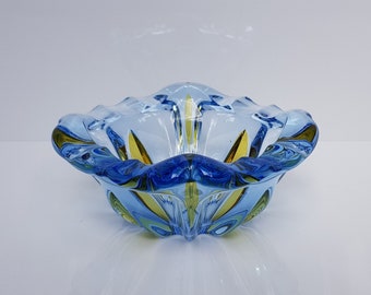 Vintage Crystal Bowl or Ashtray in blue and yellow. 1970s.