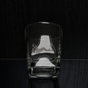 2x vintage Johnnie Walker whiskey glass. Engraved with a man walking at the checkered flag, logo, and the text "keep walking." Square glass. image 9