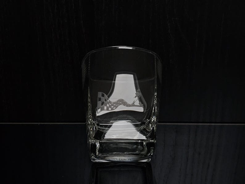 2x vintage Johnnie Walker whiskey glass. Engraved with a man walking at the checkered flag, logo, and the text "keep walking." Square glass. image 9